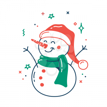 Happy snowman in Santa hat color flat icon. Thin line and fill pictogram. Isolated vector illustration with contour. Editable stroke. Pixel perfect