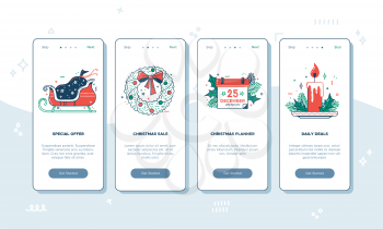 Vector Christmas onboarding screen templates. New Year mobile app concept. UX, UI, GUI color template. Special offer, Christmas sale, planner, daily deals, December 25. Red and green illustrations