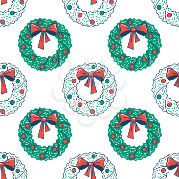 Christmas wreath with bow flat seamless pattern. Green and red vector texture. Festive cartoon wrapping paper design