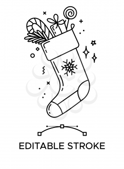 Santa sock with gifts outline icon. Thick line pictogram. Isolated linear vector illustration. Duotone contour symbol. Editable stroke. Pixel perfect