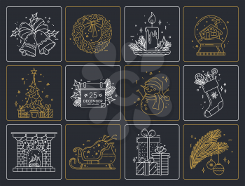 Christmas monocolor linear icons set. Thick line pictogram. Outline vector illustration. Duotone contour symbol. Editable stroke. Pixel perfect