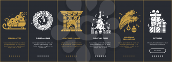Christmas onboarding screens dark user interface with glyph icons. Mobile applications vector template. New year illustrations. UI flat design. Special offers, Christmas tree, sale, gift ideas