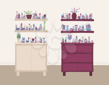 Beauty and health store interior. Cartoon shampoo, cream, lotion, scrub, perfume, soap, moisturizer on shelves. Vector flat illustration, banner template.