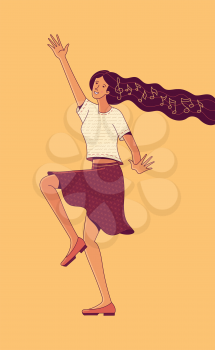 Picture of smiling active young woman character with music notes in long loose flowing hair dancing on yellow background as life enjoying concept