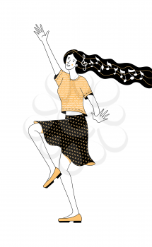 Cheerful young girl with music notes in long flowing hair dancing on white background. Active woman raising right hand up. Black and yellow flat linear illustration. Enjoying music concept
