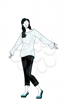Happy young girl with black hair dancing on white background. Positive thinking and enjoying life concept. Vector flat black and blue illustration. Cartoon cheerful female character 