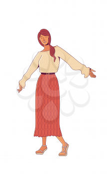 Cheerful red-haired woman dancing and enjoying life on white background. Positive thinking and good mood concept. Flat color illustration. Cartoon female character