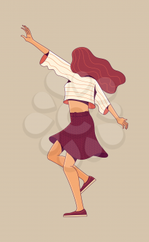 Happy girl dancing and enjoying life on color background. Positive thinking and good mood concept. Flat color illustration. Cartoon cute female character.