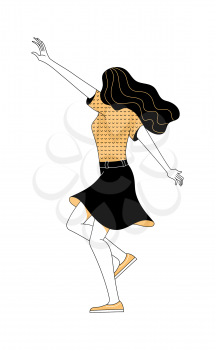 Picture of joyful active young female character with long hair wearing black skirt raising hand on white background as power of positive thinking