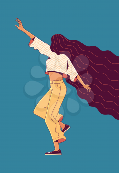 Image of active young female character with long loose flowing hair in yellow pants raising hand on blue background as power of positive thinking