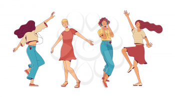 Set of cheerful active blonde and brunette women characters dancing and enjoying music on white background as power of positive thinking and hedonism