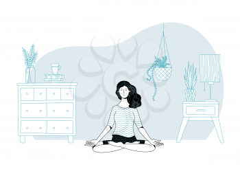 Tranquil dark haired young woman practicing meditation in lotus position on floor in light room at home linear duotone illustration. Flat vector concept of positive thinking and mental balance