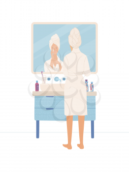 Beautiful woman clearing her skin in bathroom. Young girl wearing bathrobe looking at her reflection in mirror in bathroom. Everyday morning routine. Skincare and health. Flat vector illustration 