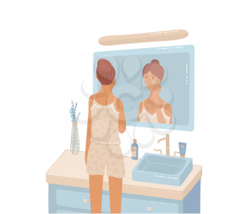 Young woman looking at bathroom mirror moisturizing to protects her skin. Cute girl wearing pajama and applying cream. Flat isometric style. Daily beauty and skincare routine. Cartoon vector