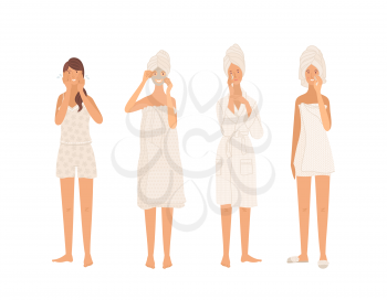 Cute girls cleaning skin, washing, moisturizing, applying beauty mask. Cartoon young women wearing towel, pajama, and bathrobe take care of skin. Flat cartoon vector illustrations. Beauty routine