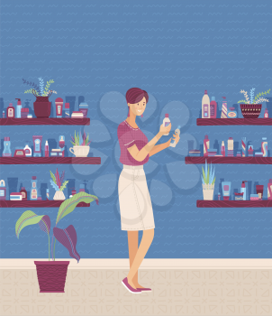 Young woman choosing natural cosmetics, eco-friendly skincare products vector cartoon illustration. Thoughtful female flat character. Cute girl making decision in store. Shop interior banner template