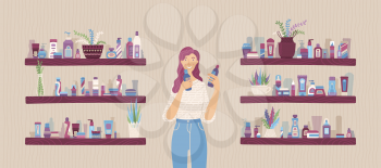 Young woman holding cosmetic bottles in her hands in-store. Vector cartoon illustration. Smiling girl choosing between two skincare products. Comparing shampoo, cream, or lotion flat concept