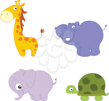Illustration Set of cute animals: giraffe, hippopotamus, elephant and turtle