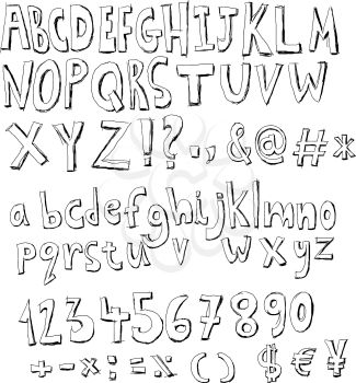 Alphabet, numbers and signs doodle set