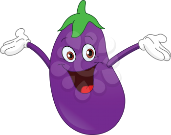 Cheerful cartoon eggplant raising his hands