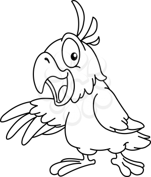Outlined Cartoon parrot presenting with his wing. Vector illustration coloring page.