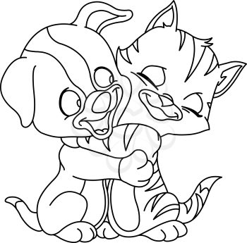 Outlined puppy and kitten hugging each other