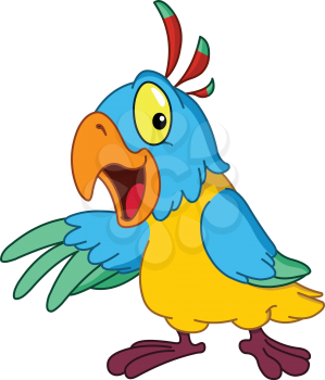 Cartoon parrot presenting with his wing