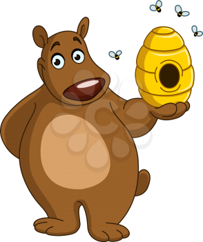 Happy bear holding a beehive