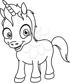 Outlined smiling unicorn. Vector line art illustration coloring page.