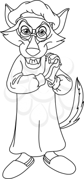 Outlined Little red riding hood wolf in grandma costume. Vector line art illustration coloring page.