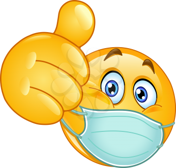 Emoji emoticon with medical mask over mouth showing thumb up