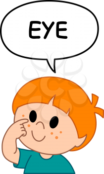 Young kid boy pointing to and saying eye in a speech bubble. Illustration from naming face and body parts serious.