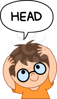 Young kid boy with eyeglasses holding and saying head in a speech bubble. Illustration from naming face and body parts serious.