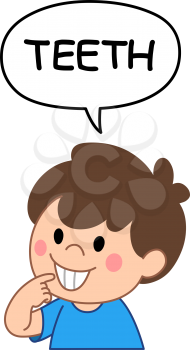 Young kid boy pointing to and saying teeth in a speech bubble. Illustration from naming face and body parts serious.