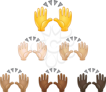 Raising hands in the air emoji set of various skin tones. Celebrating success or another event.