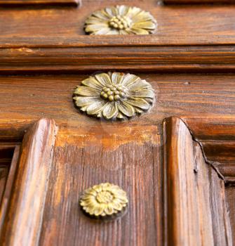 abstract  rusty brass brown knocker in a   closed wood door crenna gallarate varese italy