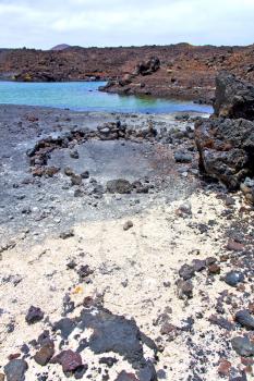 brown rock in white coast lanzarote   spain   beach  stone water  and summer hervideros