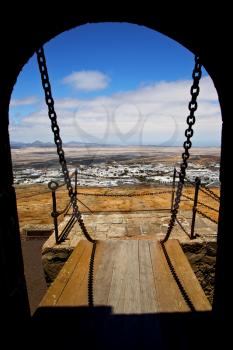 drawbridge  lanzarote  spain the old wall castle  sentry tower and door  in teguise arrecife
