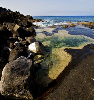 landscape rock stone sky cloud beach   water  in lanzarote spain isle 
