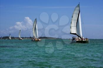 tropical lagoon hill navigable  froth cloudy  catamaran and coastline in mauritius