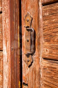 a brass brown knocker and wood  door cairate varese italy