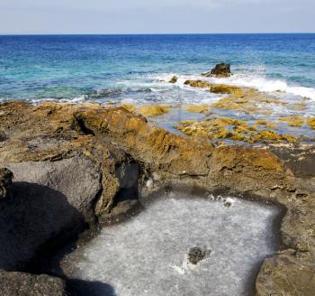 in lanzarote  isle foam rock spain landscape  stone sky cloud beach   water 
