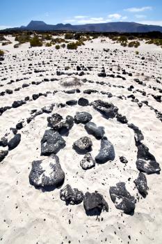 spain  hill white  beach  spiral of black rocks in the   lanzarote 
