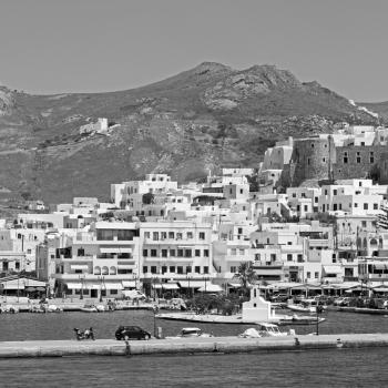  in cyclades island harbor and boat santorini naksos europe house construction old history 