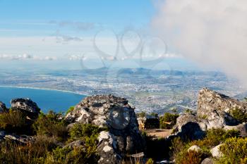 blur  in south africa cape town  city skyline from table mountain sky ocean and house