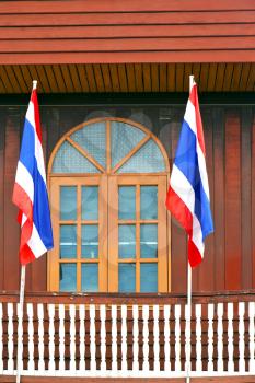 temple   in  bangkok thailand incision red venetian blind and terrace waving flag 