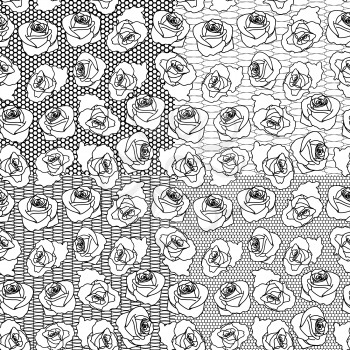Four vector black and white seamless patterns on separate layers with rose flower elements on the grid background