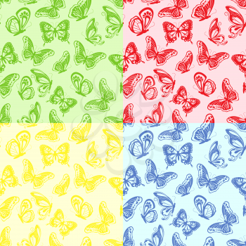 Four seamless colourful pattern with butterflies, hand drawing vector illustration
