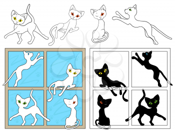 Black and white outlines of cats on the windows, as well as separately on a white background, hand drawing cartoon vector illustration