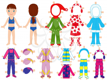 Paper doll and warm clothes set for her with technological clips dressing